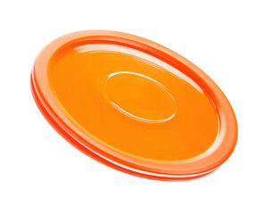 Bright orange frisbee flying through air, showcasing its vibrant color and smooth design, perfect for outdoor play and fun activities