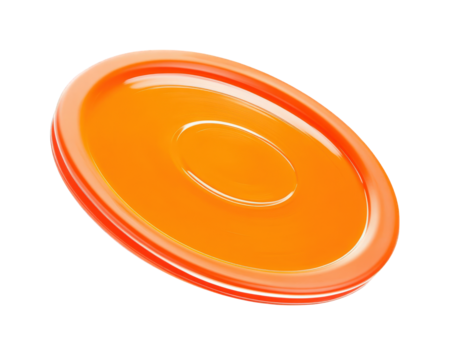 Bright orange frisbee flying through air, showcasing its vibrant color and smooth design, perfect for outdoor play and fun activities