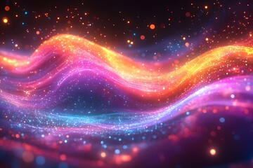 Abstract Neon Light Waves with Sparkling Particle Effects for Digital Art and Background Design