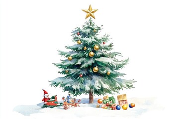 Watercolor illustration of a Christmas tree standing tall in the snowy landscape, perfect for winter season designs and holiday greetings