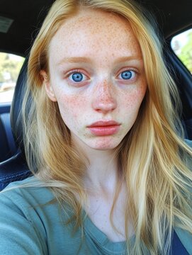 Joven adolecente rubia con acn&eacute; juvenil haci&eacute;ndose un. Selfie. Concepto juvenil y madurez.