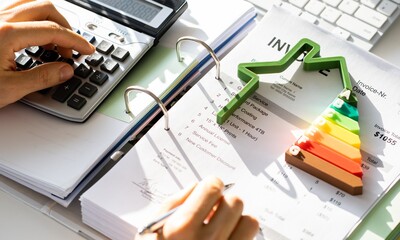Energy efficiency ratings with calculator . Energy efficiency chart with A rating.Energy efficiency Benchmarking banner. Compare quality with other companies for improvement.