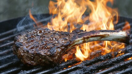 A juicy tomahawk steak fresh off the grill, its long bone making a dramatic presentation.