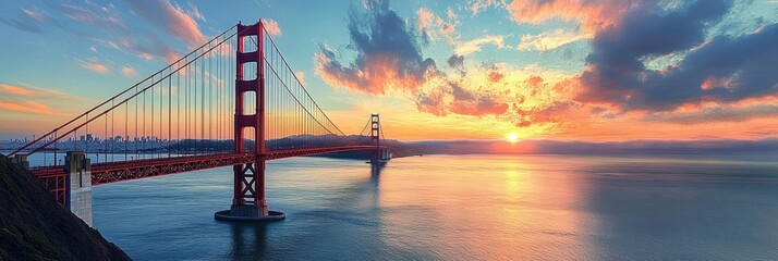 Fototapeta premium Serene Sunset at Golden Gate Bridge in San Francisco with Warm Colors and Reflections