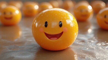 Playful smiling orange balls on a shiny surface, creating a cheerful and vibrant atmosphere