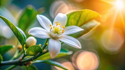 Fototapeta premium Delicate white citrus blossom, macro detail, spring's soft bokeh.