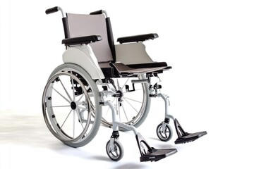 Fototapeta premium A photo of a wheelchair with removable wheels and adjustable footrests on a clean white background