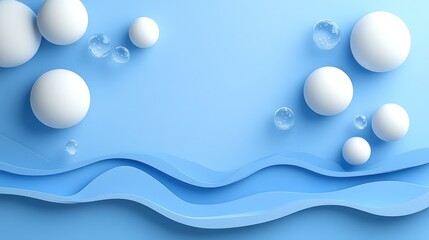 Abstract pastel blue background with white spheres and wavy lines.