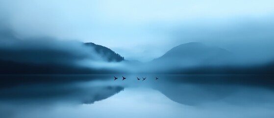 Fototapeta premium serene mountain lake with birds in flight and reflection