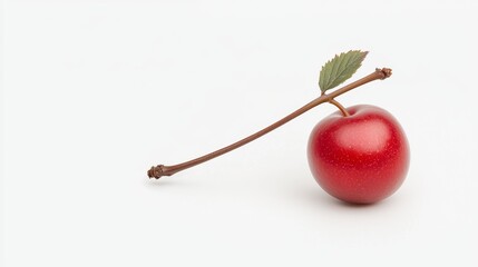 A single red apple rests on a surface, attached to a slender branch with a small green leaf, showcasing simplicity and freshness.