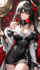 beautiful young anime girl in beautiful red dress outfit