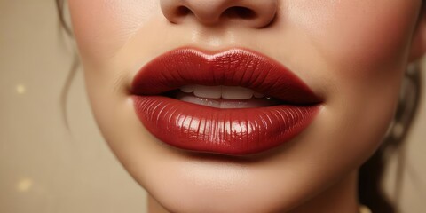 Fototapeta premium Shimmering amber lip gloss smear with a hint of red on a neutral beige, makeup application, cosmetic product, cream background