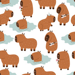 Cute Character Capybara Seamless Pattern. Capibara Mascot Kawaii Background. Hand Drawn Flat Vector Wallpaper