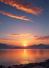 Serene orange hues at sunset behind a clear blue sky, atmospheric conditions, landscape photography