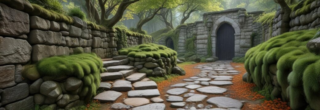 serpentine walkway lined with weathered stone and moss-covered walls, serene landscape, tree branches