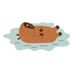 Cute Character Water Capybara. Capibara Mascot Kawaii. Hand Drawn Flat Vector Illustration