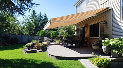 Elegant patio with retractable awning providing shade on a sunny day