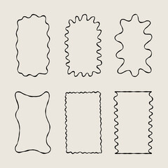 Set Naif Sketch Wavy Edges Frames. Scallop Squiggle Wiggle Border Simple Black Line Shape Collection. Hand Drawn Vector Isolated Illustration