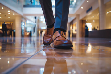 Fototapeta premium Close-up of a man's legs in polished leather shoes walking with purpose through a stylish shopping mall