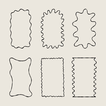 Set Naif Sketch Wavy Edges Frames. Scallop Squiggle Wiggle Border Simple Black Line Shape Collection. Hand Drawn Vector Isolated Illustration
