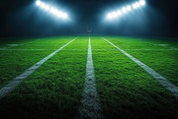 Obraz premium Dramatic Football Field Under Bright Floodlights with Vivid Green Grass and Cinematic Spotlight Effect
