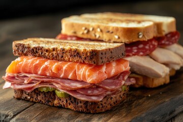 A close-up shot of a sandwich on a wooden table, ready to be served
