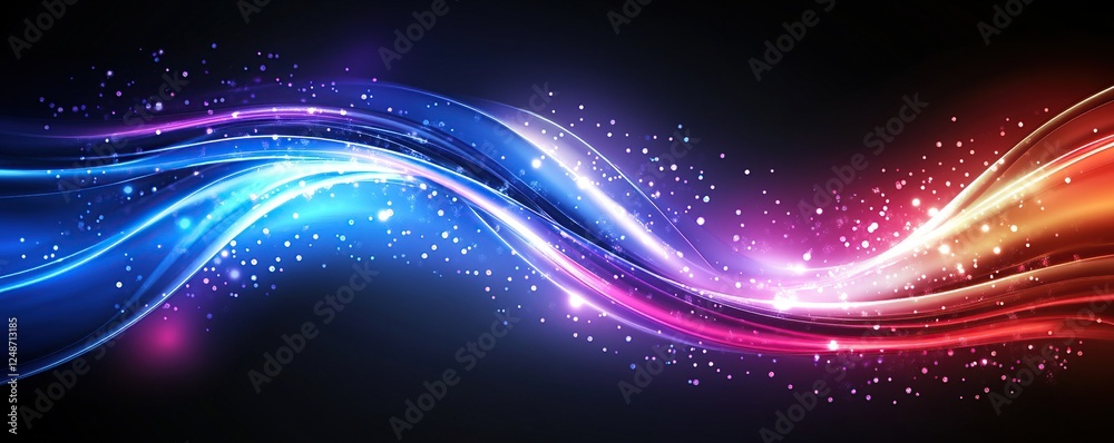 Poster vibrant light waves flow dynamically across dark background with sparkling glimmer, creating an abst