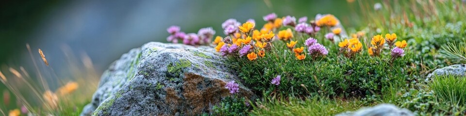 A colorful arrangement of flowers sprouting from a rocky surface