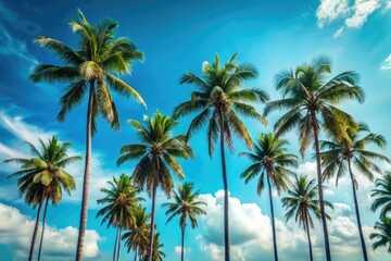 Escape to paradise: minimalist palm trees sway against a vibrant blue sky.  Summer vacation dreams.