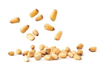 A pile of peanuts falls apart in mid-air, individual nuts floating downwards