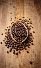 Rich aromatic coffee beans scattered on a wooden table , coffee, rustic