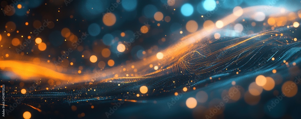 Poster abstract orange and blue particle waves flow dynamically in 3d space with glowing lights