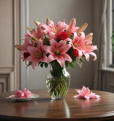 Obraz premium Red roses and pink lilies in a vase on a table, arrangement, beautiful, table