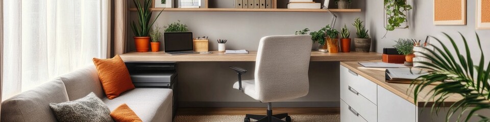 A comfortable living room with a couch and desk, perfect for relaxation or work