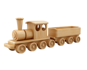 classic wooden train set displayed on white surface, showcasing its intricate design and craftsmanship. This charming toy evokes nostalgia and joy for children and collectors alike