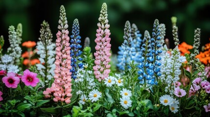 Obraz premium Colorful lupines and daisies in a garden.