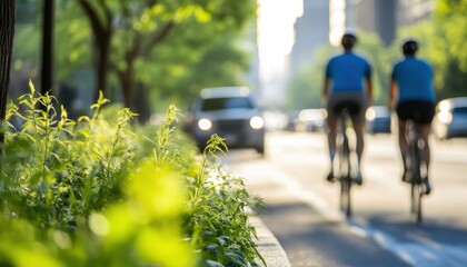 Fototapeta premium Two cyclists ride along a sunny urban path, surrounded by vibrant greenery and faint cityscape in the background.