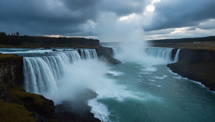 Obraz premium Magnificent waterfall cascading into a turquoise river under moody gray clouds, showcasing nature's power