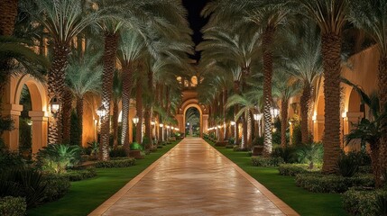 Obraz premium Night Illumination of Palm Tree Lined Pathway