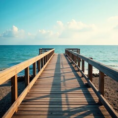 Fototapeta premium Wooden boardwalk stretching across scenic North Sea vista, horizon, germany, sand