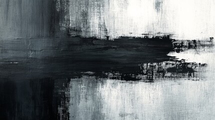Monochromatic painting showcases contrasting layers of black and white textures