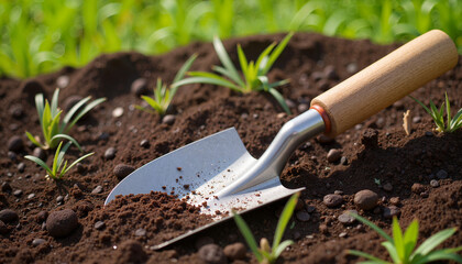 Garden trowel resting on fresh soil in morning light, nurturing growth