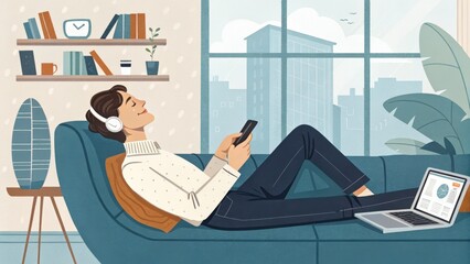 Relaxed Person Listening To Music On Couch In Cozy Living Room Home