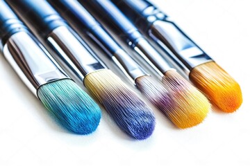 Fototapeta premium A close-up view of a selection of paintbrushes arranged on a table, ideal for use in illustrations or designs related to art, creativity, and DIY projects