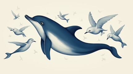 Fototapeta premium Dolphin Print with Indigo and Cream Colors