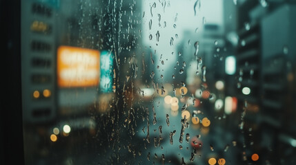  Rainy City Night Through Window with Blurred Lights