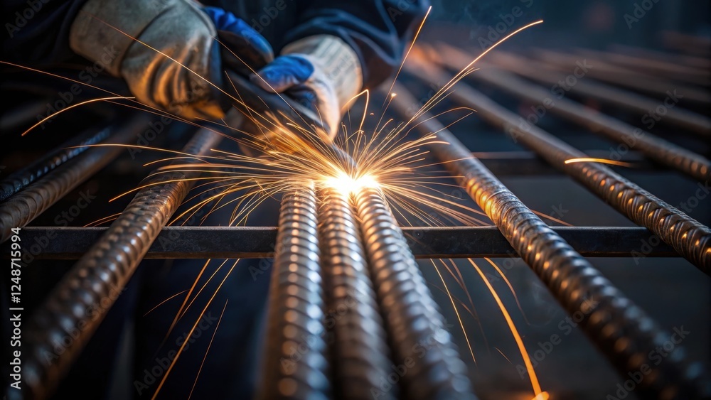 Poster the workers hands skillfully maneuver the welding rod a stream of bright light illuminating the intr