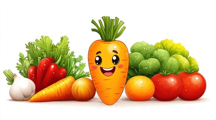 Cute cartoon carrot and other vegetables.