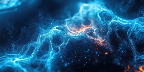 Vibrant glowing blue energy waves on a dark cosmic background