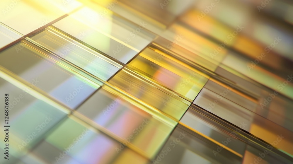 Poster abstract geometric pattern featuring interlocking golden and iridescent rectangles, creating a dynam